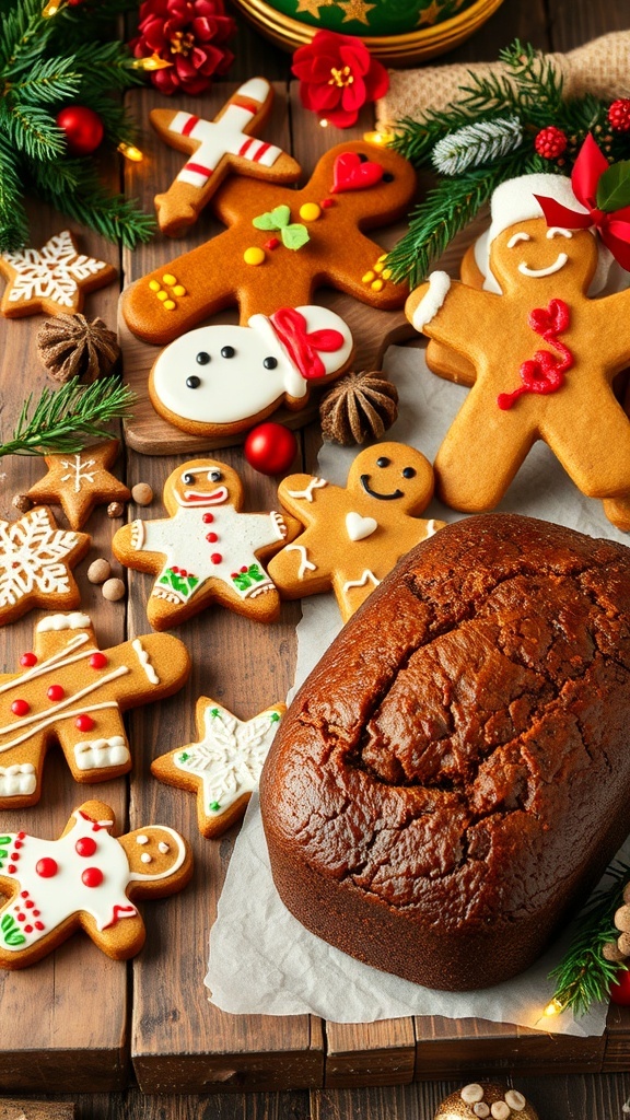 Festive Christmas Baking Recipes A collection of Christmas baked treats including sugar cookies, gingerbread men, and fruitcake on a decorated table.